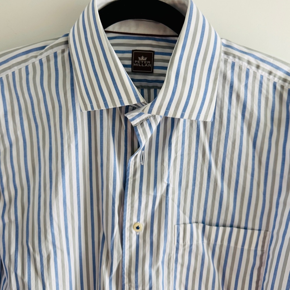 Men’s Peter Millar Blue and White Vertical Stripe Dress Shirt, Size Medium - Picture 3 of 8